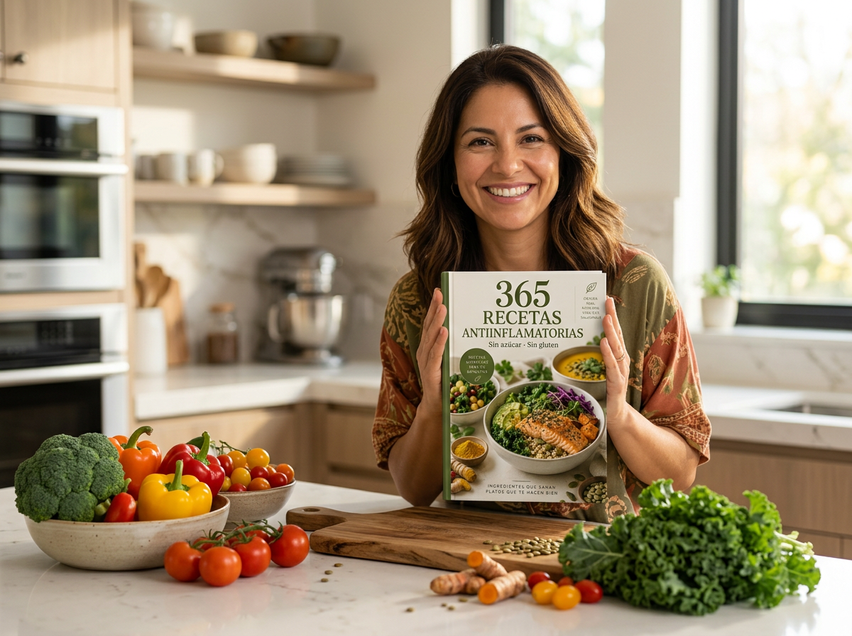 Mujer mostrando el libro 365 Recetas Antiinflamatorias
